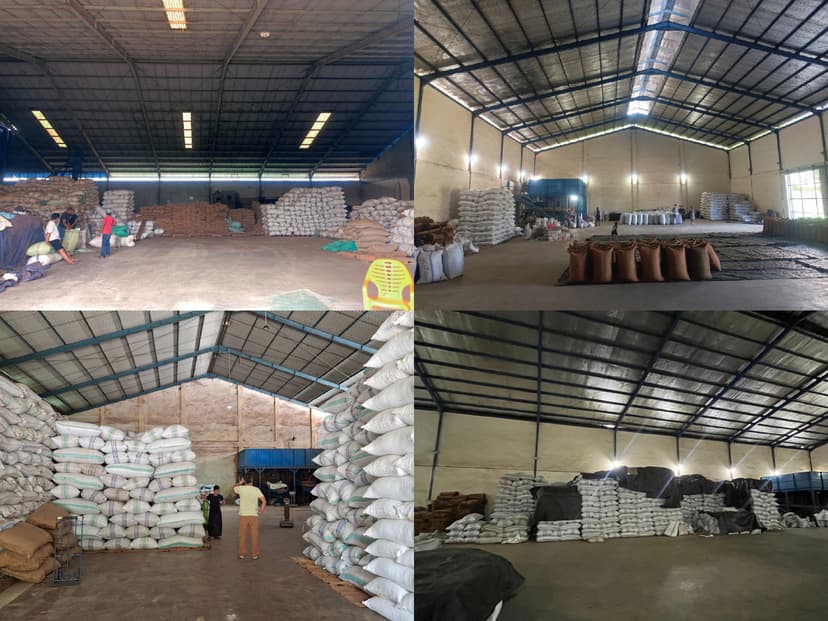 Warehouse interior with stacked bags